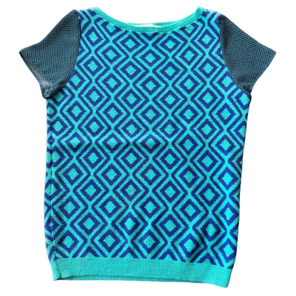 LOFT Ann Taylor Teal Blue Geometric Diamond Knit Short Sleeve Sweater Top XSP x1